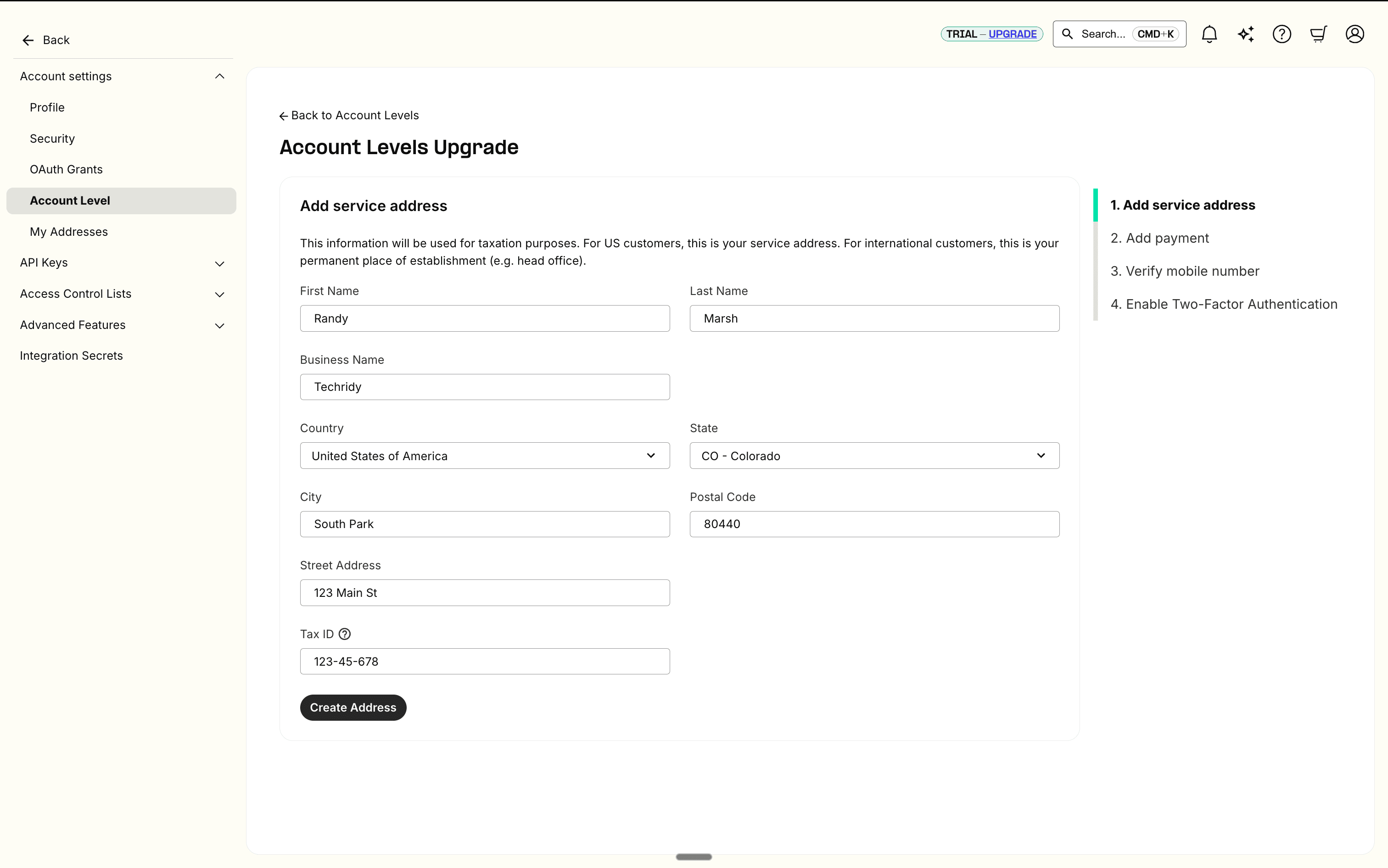 Info needed to add an address in Telnyx