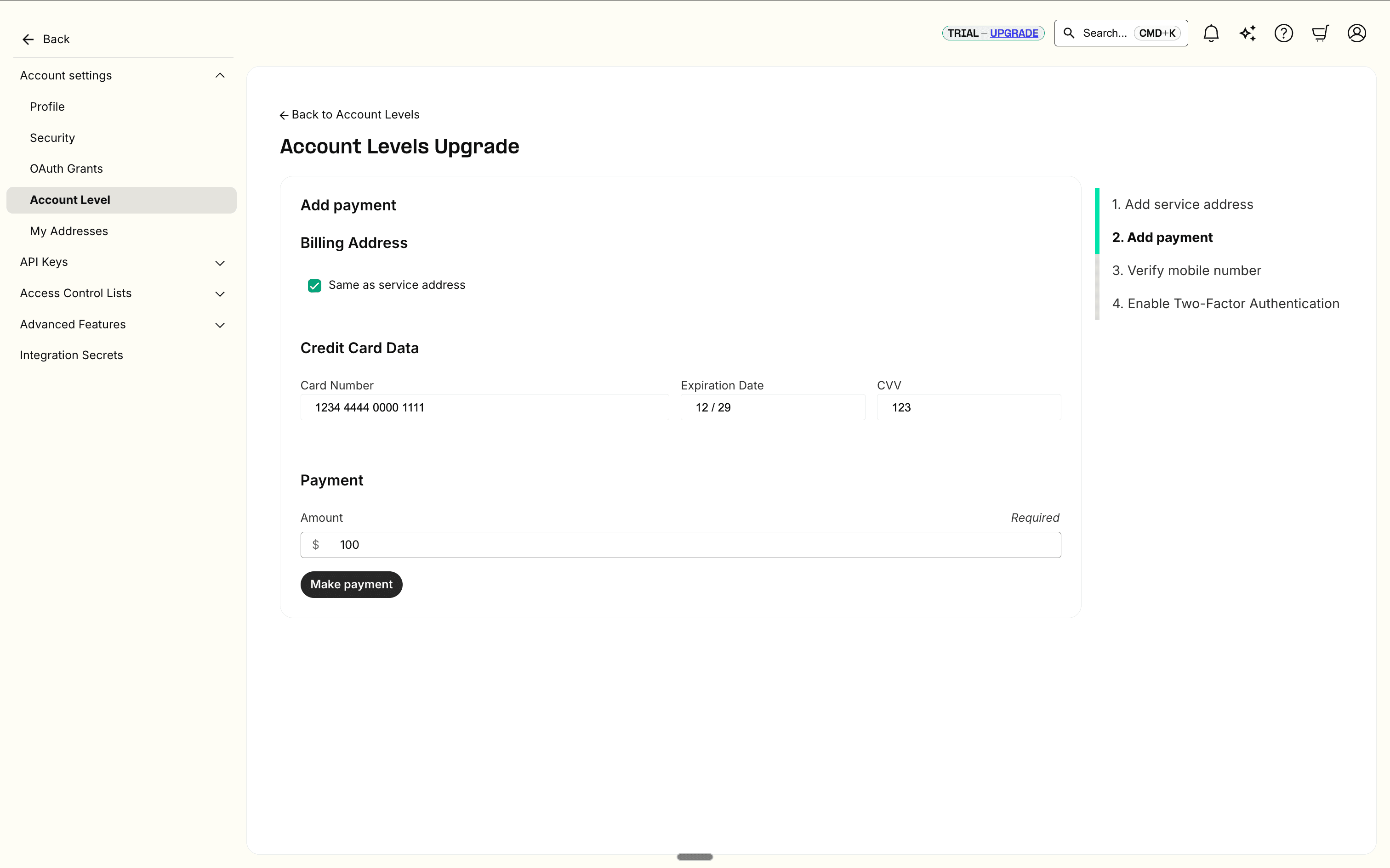 Adding a Payment Method during Telnyx Sign Up