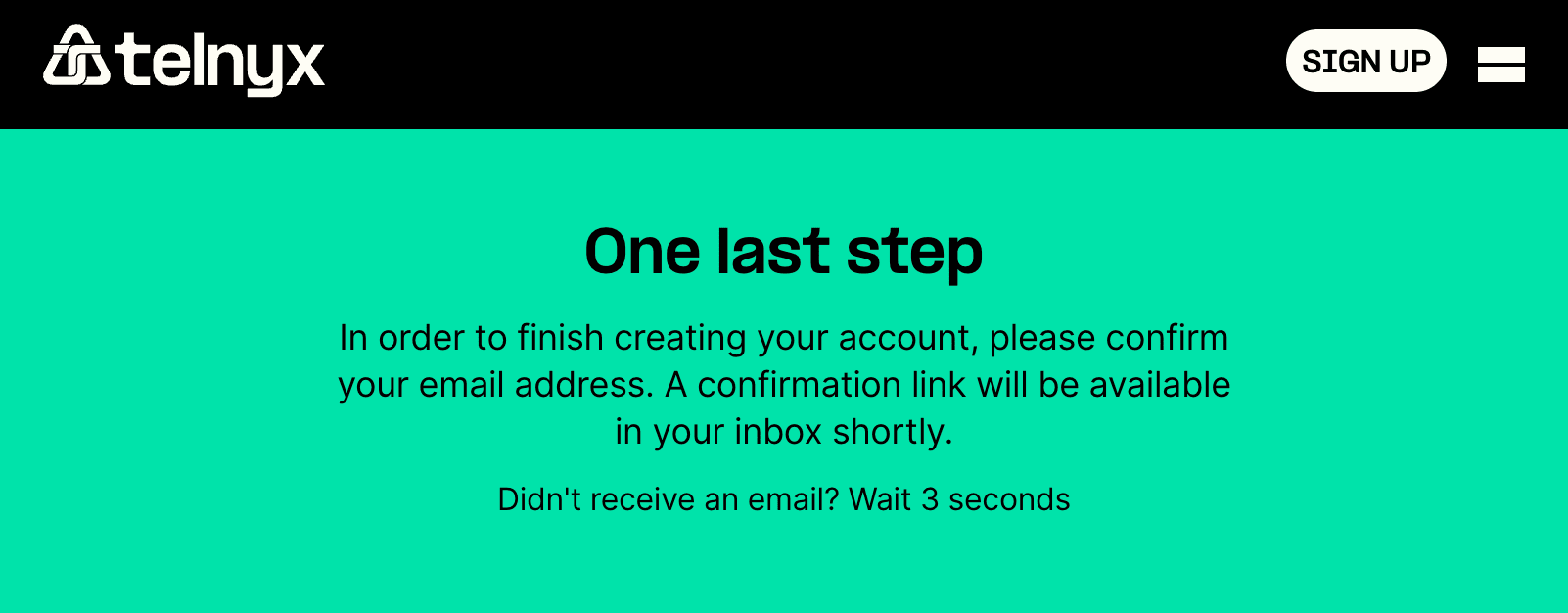 Telnyx Email Verification Step after sign up